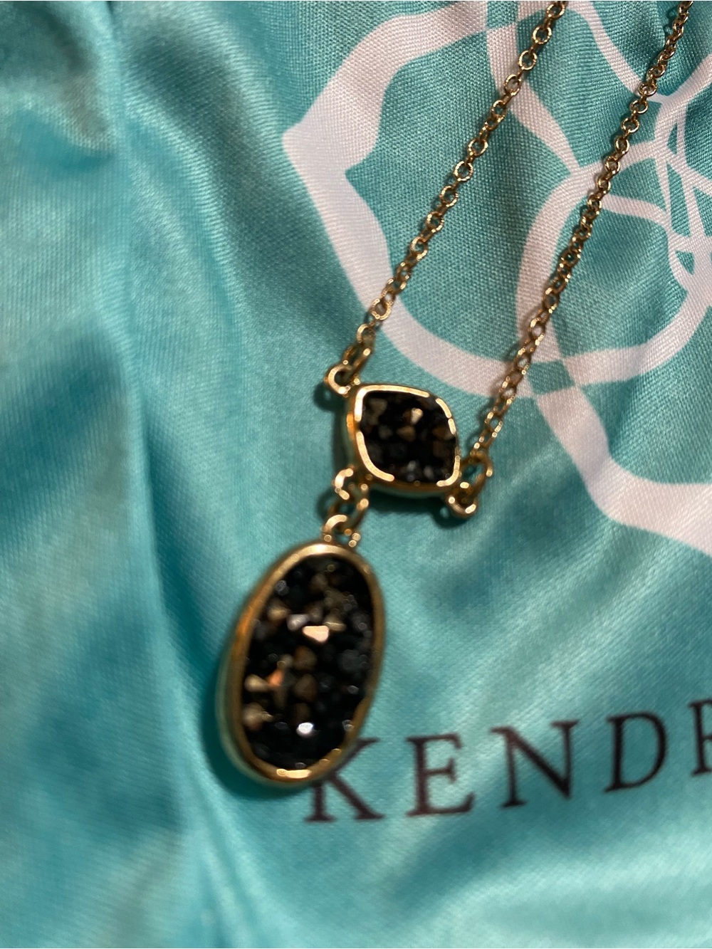 Kendra Scott Gold Necklace with Black Drusy Double Pendant